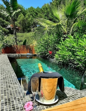 Un décor au bord de la piscine avec une table, deux verres, une bouteille de champagne et une fleur.