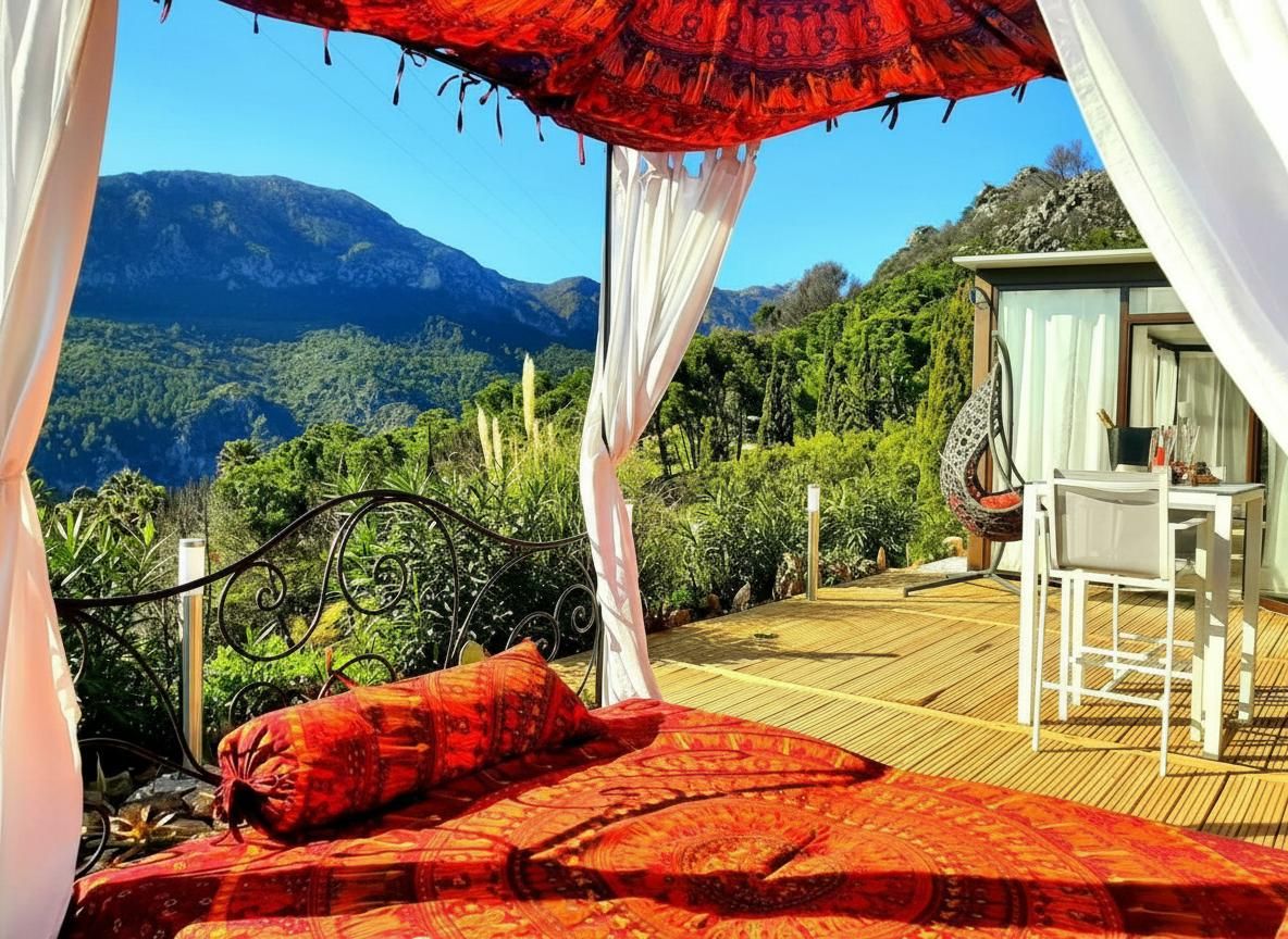 A bed with a red patterned bedspread and pillows, a white canopy, and a view of a mountainous landscape.