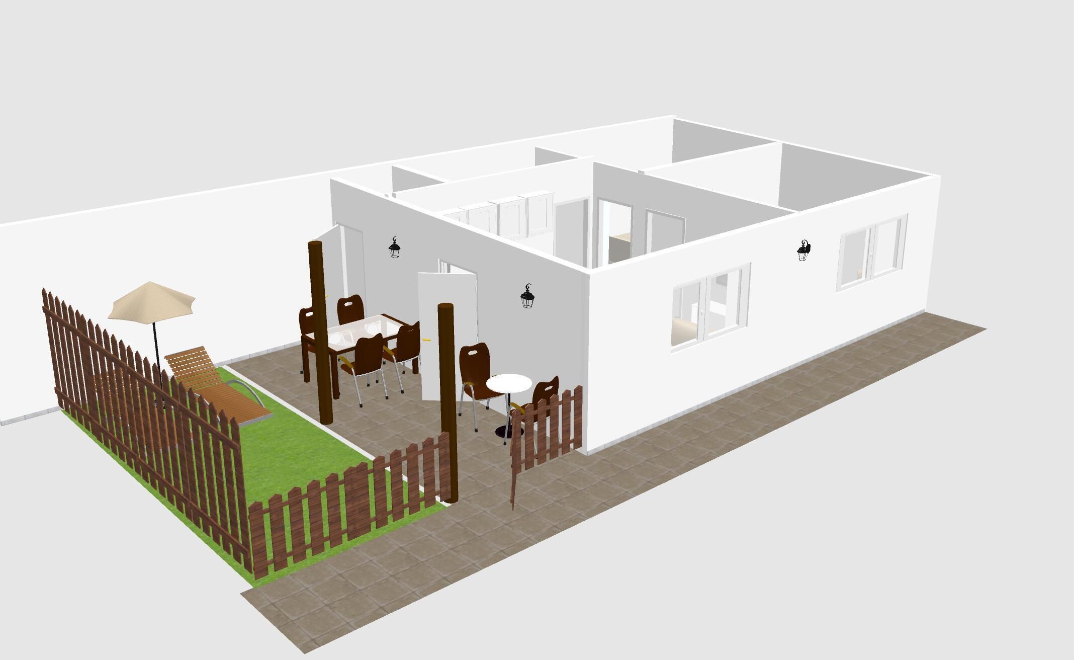 A 3D model of a modern building with a patio area, outdoor seating, and a fenced garden.