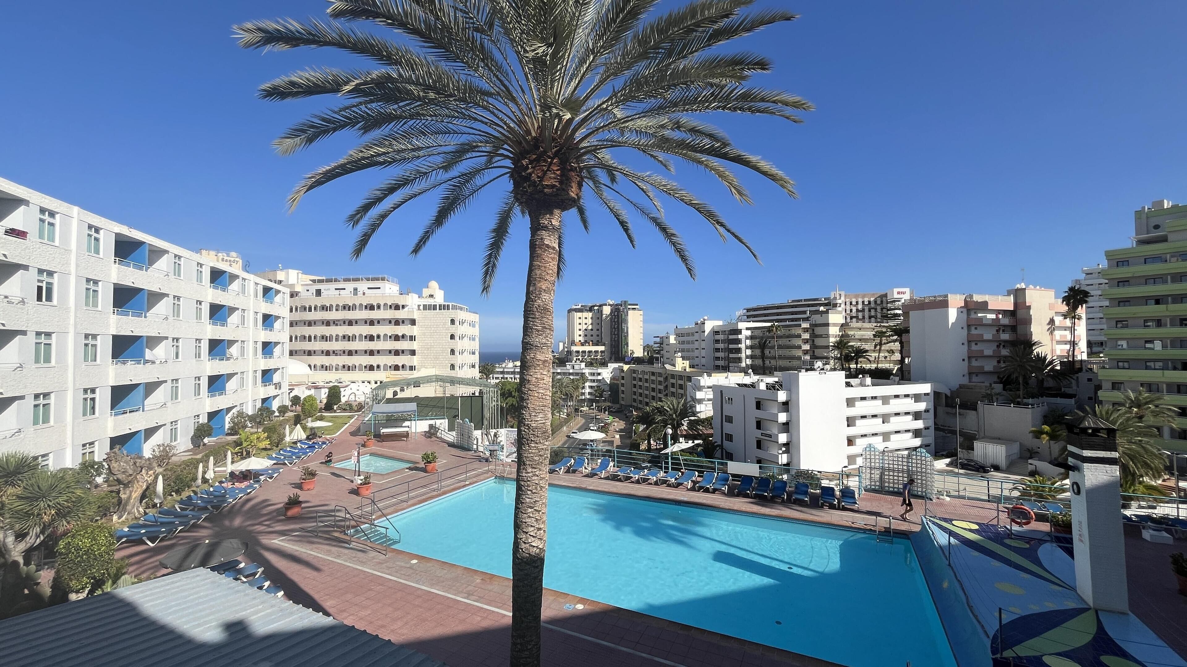 Ein Hotel mit Pool, Palmen und Blick auf die Stadt.