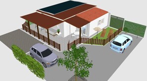 A two-story house with a fenced patio, a car parked in front, and a tree in the yard. - Large Country House Near Maspalomas & Fataga (San Bartolomé de Tirajana)