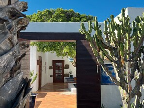 A courtyard with a wooden door, a cactus, and a tiled floor. - Stylish House in a Real Finca With Private Garden (Yaiza)