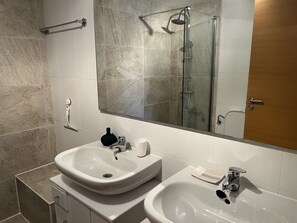 Apartment | Bathroom | Shower, hair dryer, towels