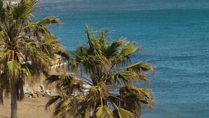 Ein Küstenhotel mit Palmen, Strand und Meerblick.