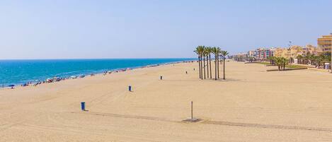 A wide sandy beach with a clear blue sky, palm trees, and buildings in the background.