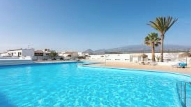 A clear blue pool with a palm tree and a mountain in the background. - Lovely Studio in Costa del Silencio Chayofita (Arona)