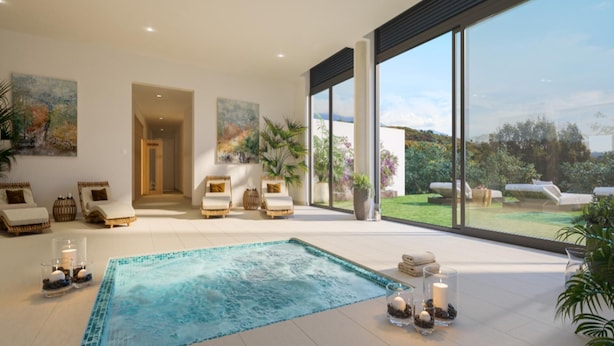 A modern spa room with a large glass window, a swimming pool, and lounge chairs. - Stunning Apartment Close to Golf, Mijas, Spain (Mijas)