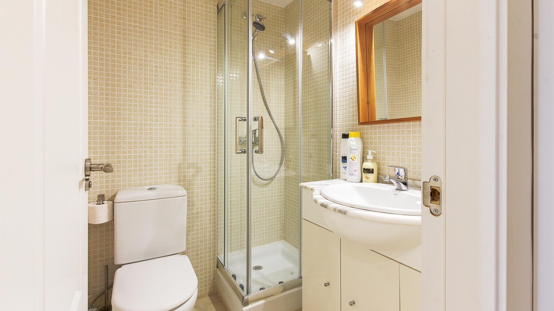 A bathroom with a glass-enclosed shower, a toilet, and a sink with toiletries.