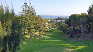 En golfbana med ett flaggstång, omgiven av täta träd och hus i bakgrunden.