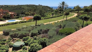Un jardin aménagé avec une piscine, des palmiers et une vue sur la mer.