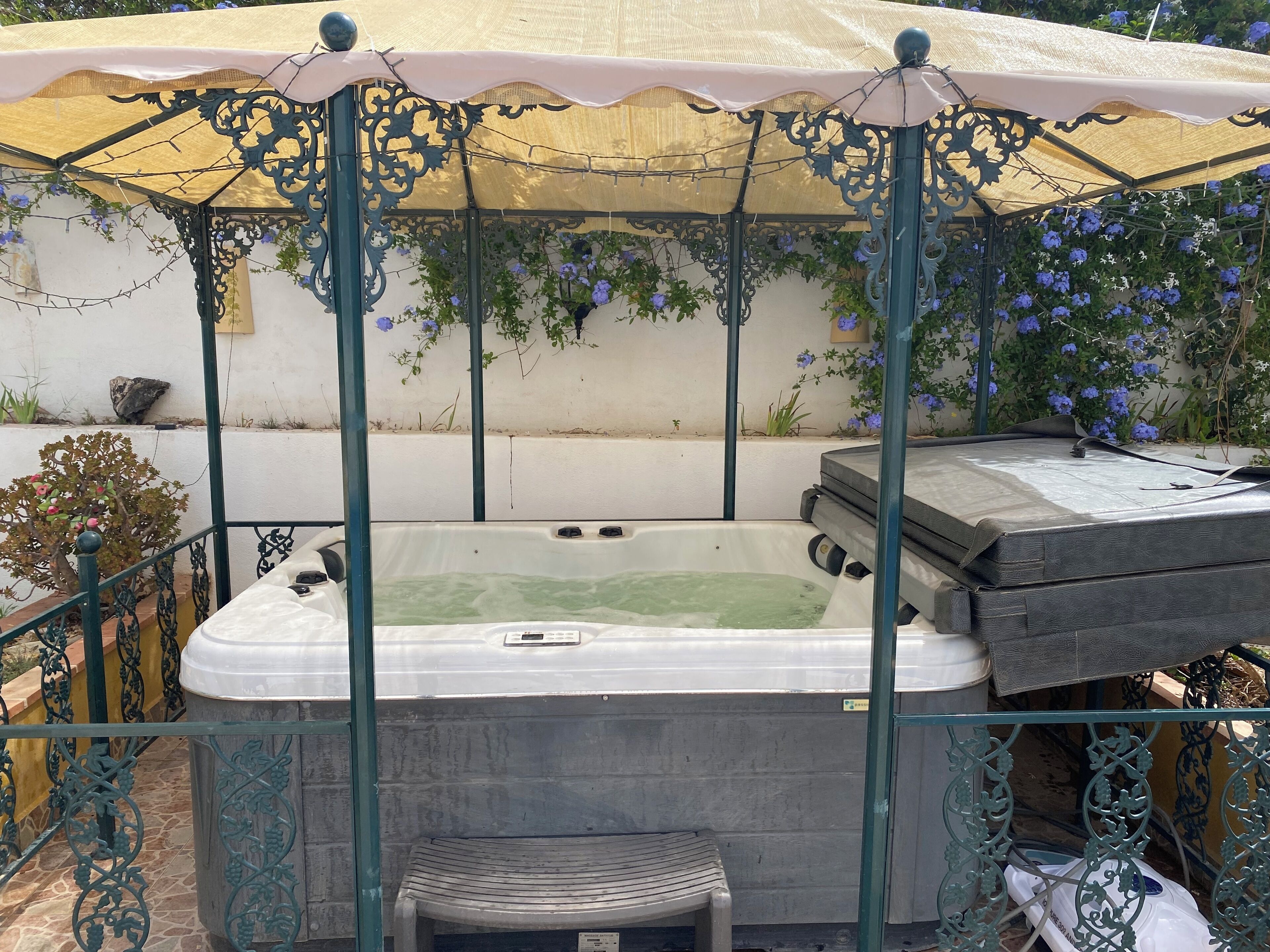 A hot tub with a canopy, surrounded by decorative metal railings and potted plants.