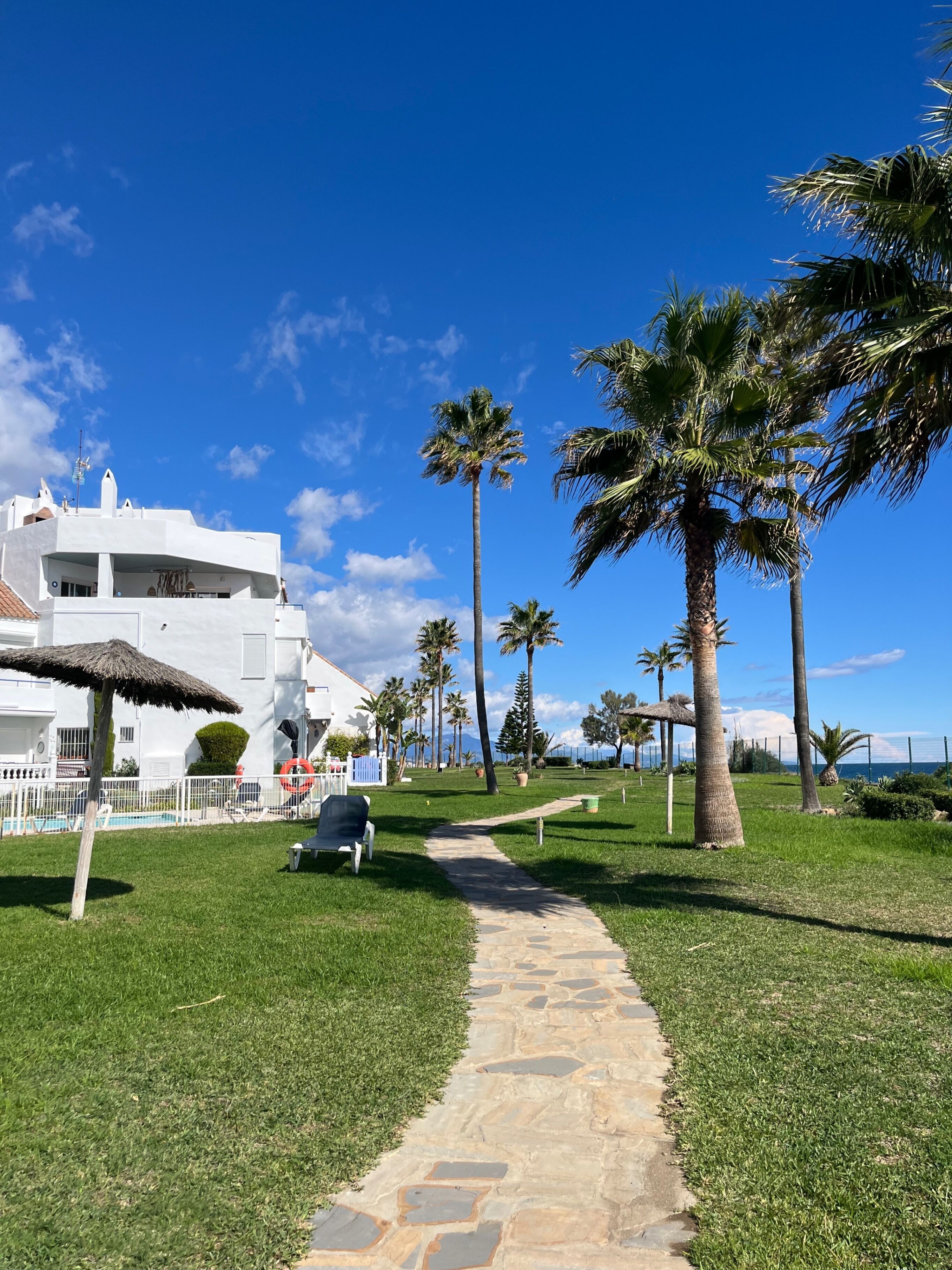 A pathway leading to a white building with a pool, surrounded by palm trees and a clear blue sky.