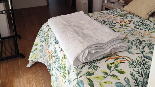 A bedroom with a bed, a radiator, a nightstand, a lamp, and a hanging rack. - Andalusian Pool Parties, Music & Magic (Coin)