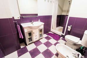 Shower, hair dryer, towels, toilet paper
