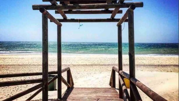 Un molo di legno che si protende verso una spiaggia, con cielo sereno e acque calme.
