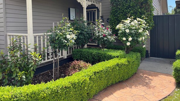 A house with a covered porch, a well-maintained garden with various plants and flowers, and a paved walkway.