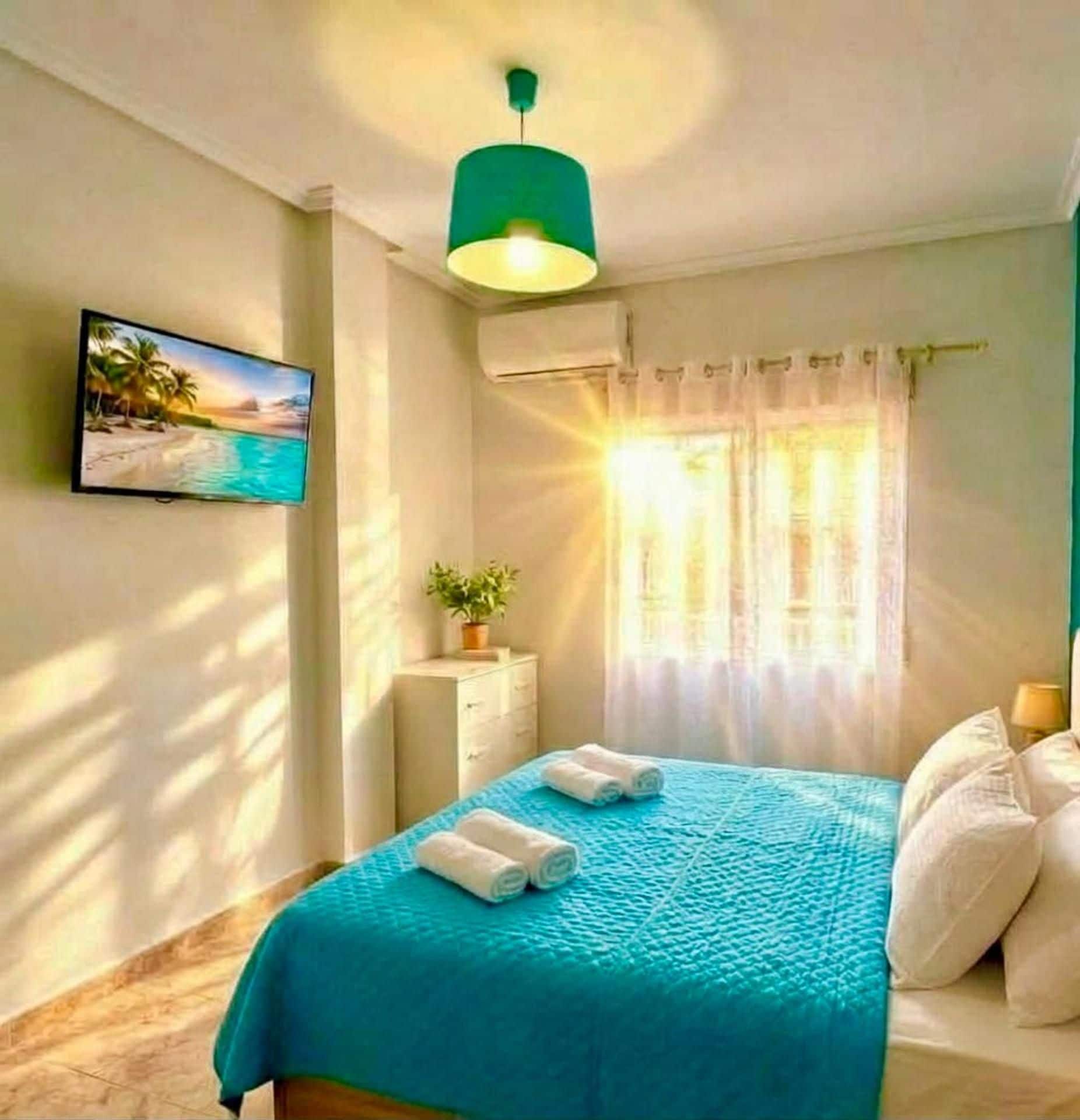 A bedroom with a bed, a television, an air conditioning unit, a window with curtains, and a plant.