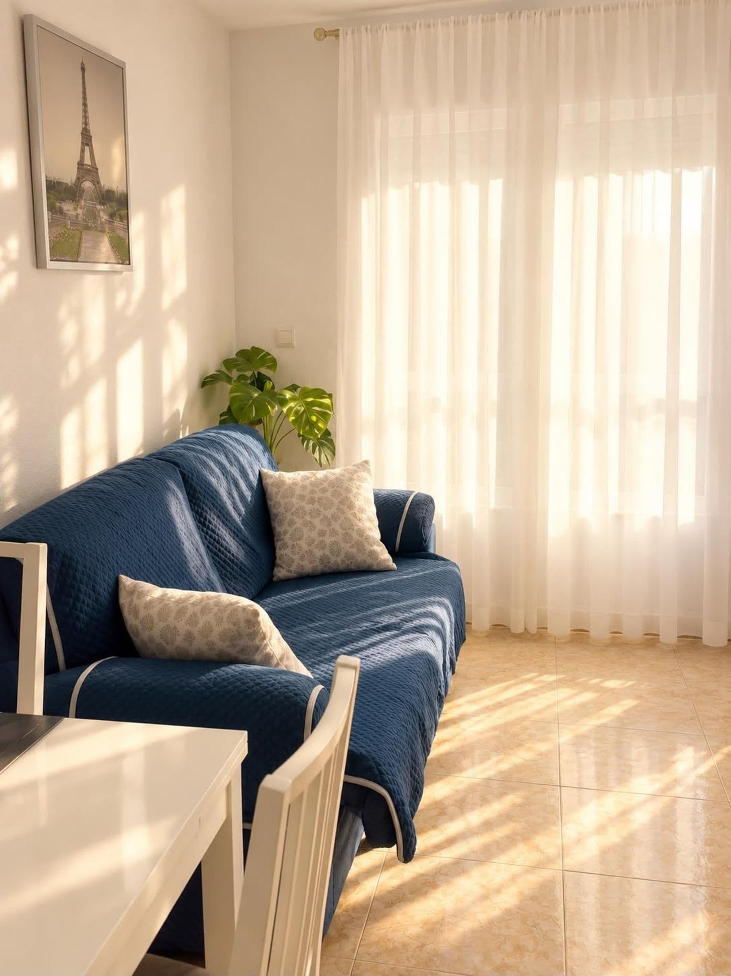 A room with a blue sofa, two pillows, a potted plant, a dining table, and a window with sheer curtains.