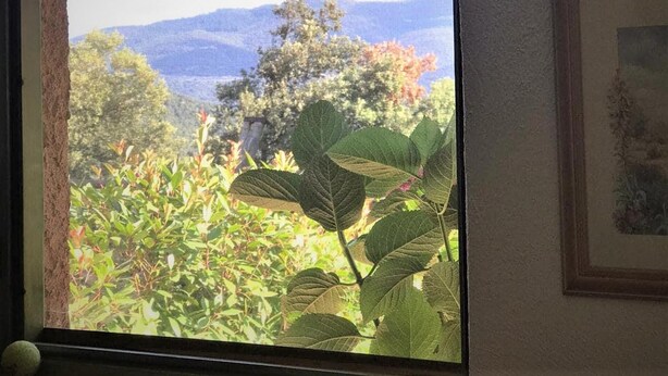 A window with a view of a garden and hills. - Aurora 2-bed Cottage - Sleeps 4 - Montseny Park (Arbucies)
