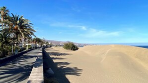A coastal road lined with palm trees and a sandy beach. - Cosy Apartment in the Mountains Near Maspalomas (San Bartolomé de Tirajana)