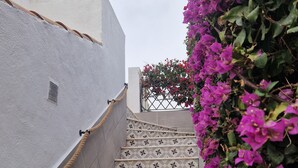 A staircase with patterned tiles and a rope barrier, surrounded by vibrant purple flowers. - Lovely Apartment Near the Beach in Sunny La Mata (Torrevieja)