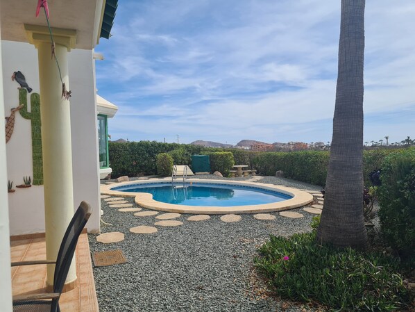 A swimming pool with a stone border, a palm tree, and a view of distant hills. - Les Cactus Remarkable 7 bed Villa - Private Pool (Pulpi)