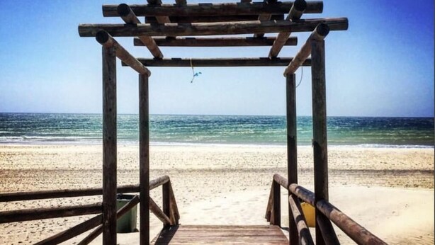 Una estructura de madera en la playa con vista al océano.