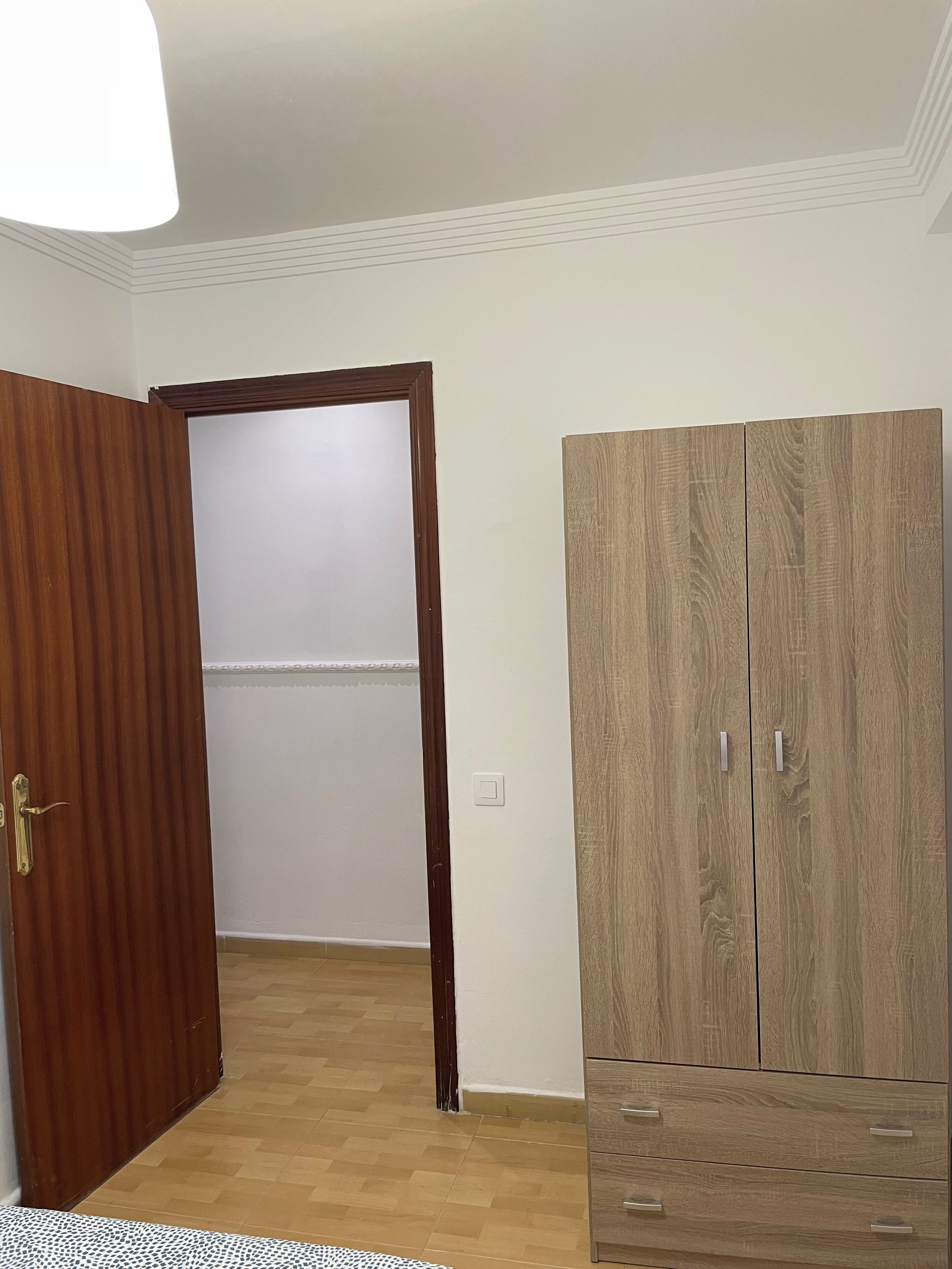 A room with a wooden wardrobe, a door, and a patterned rug.