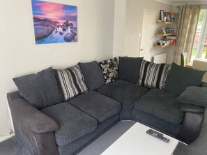 Una Smart TV, un reproductor de DVD, libros, una pantalla de ordenador