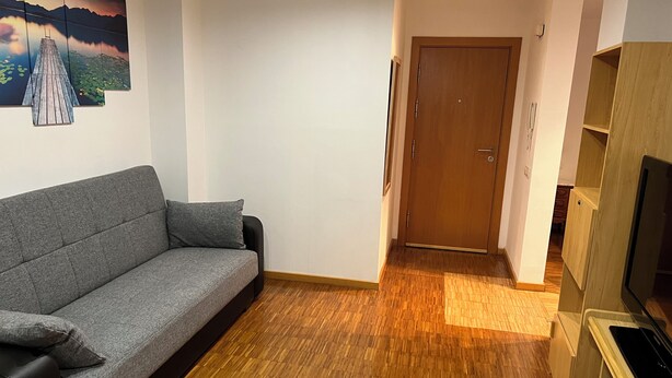 Ein Wohnzimmer mit grauem Sofa, Holzboden, Holztür und TV-Möbel.