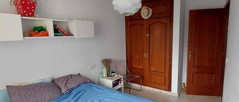 Un dormitorio con cama, mesita de noche, planta en maceta, armario y una puerta.