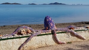 A mosaic octopus sculpture on a textured wall by a calm body of water with distant hills. - Beachfront House,sea Views Near Historic Cartagena (Cartagena)