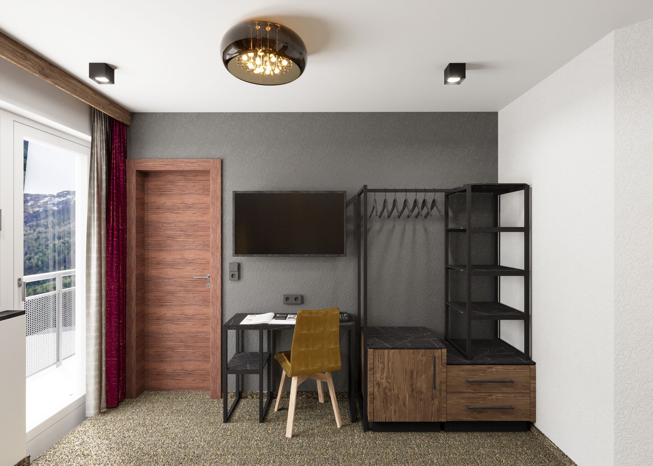 Habitación pequeña con escritorio, silla y armario con perchero.