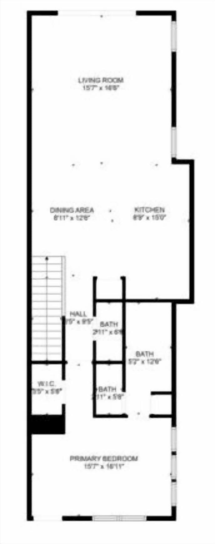 A floor plan with a living room, dining area, kitchen, two bathrooms, a WC, and a primary bedroom.