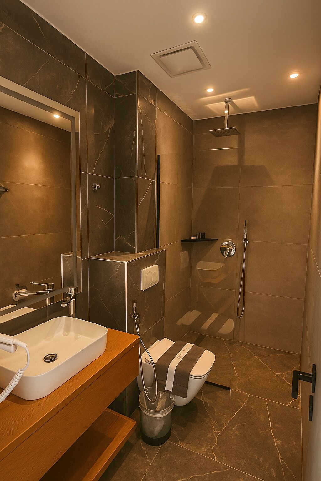 Un baño moderno con un espejo grande, lavabo, ducha e inodoro.