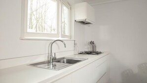 Une cuisine moderne dotée d’un évier en acier inoxydable, d’une cuisinière à gaz et de meubles de rangement blancs.