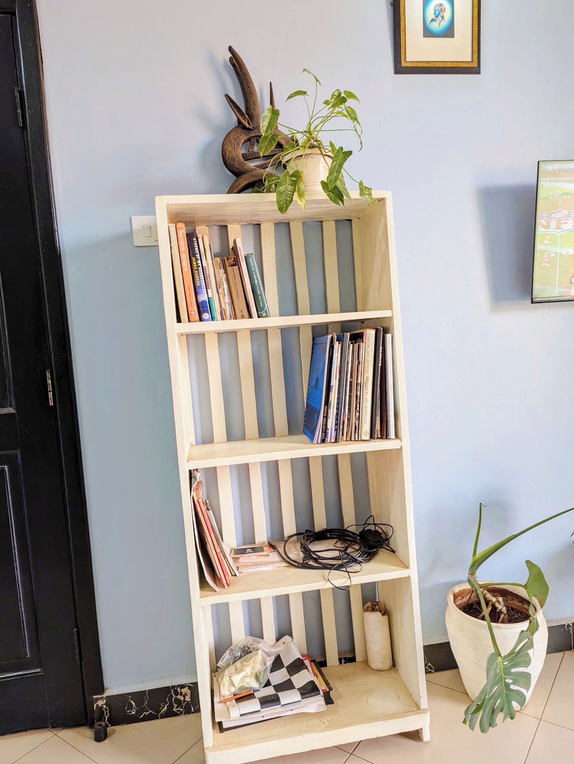 Ein Bücherregal mit Büchern und einer Topfpflanze darauf.