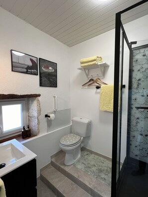Hair dryer, towels, soap, shampoo