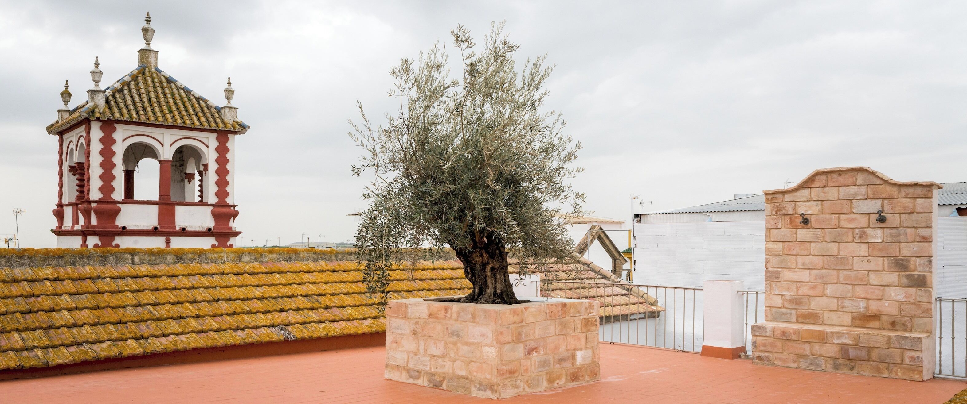 Un edificio con techo de tejas, pared de piedra y un árbol en una maceta.