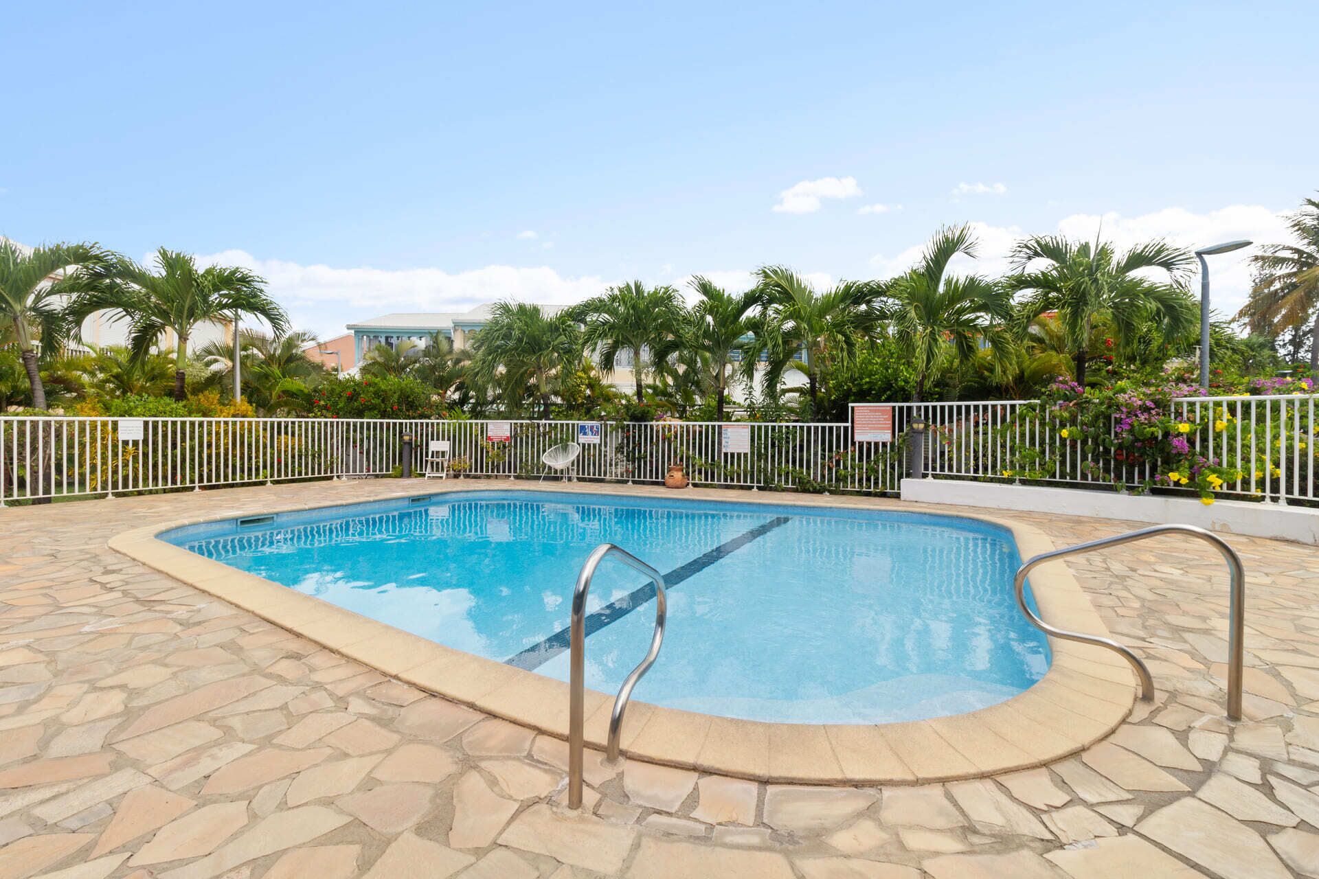 Une piscine entourée d’une terrasse en dalles de pierre, d’une clôture en métal blanc, de palmiers et sous un ciel dégagé.