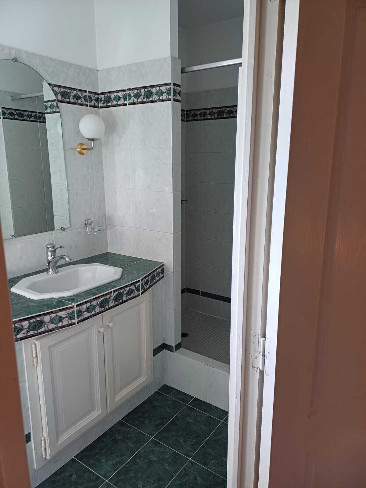 Une salle de bain équipée d’un lavabo, d’un miroir et d’un espace douche.