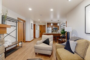 Télévision, cheminée, lecteur de DVD, baby-foot