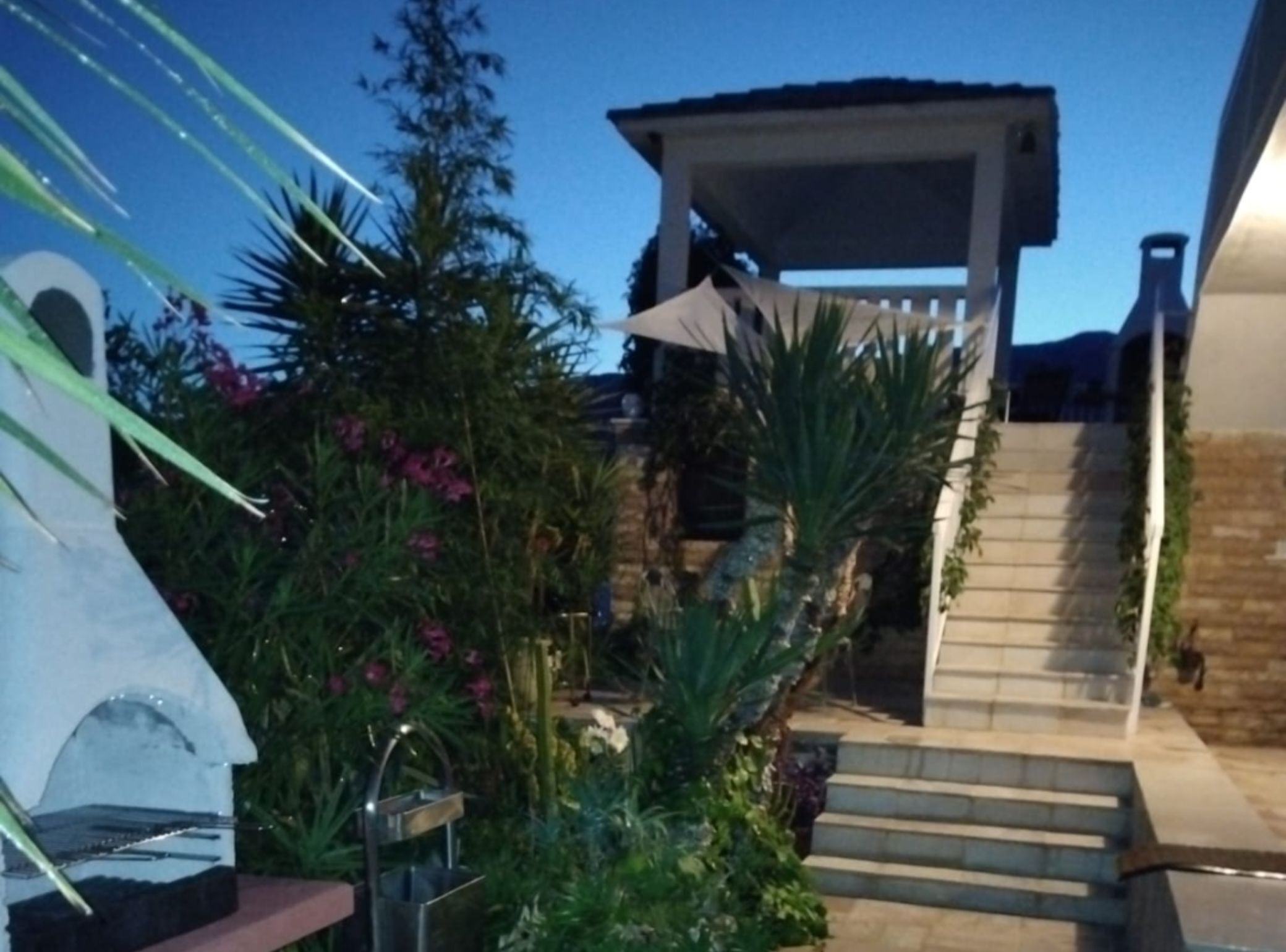 A staircase leading to a covered area with a view of a mountain in the background.