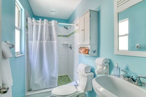 A bathroom with a shower curtain, toilet, sink, and a mirror. - Buddha's Surf Shack (St. Augustine)