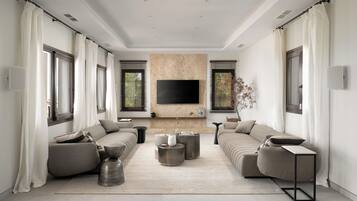 Een smart-tv, een open haard, een tafeltennistafel en boeken