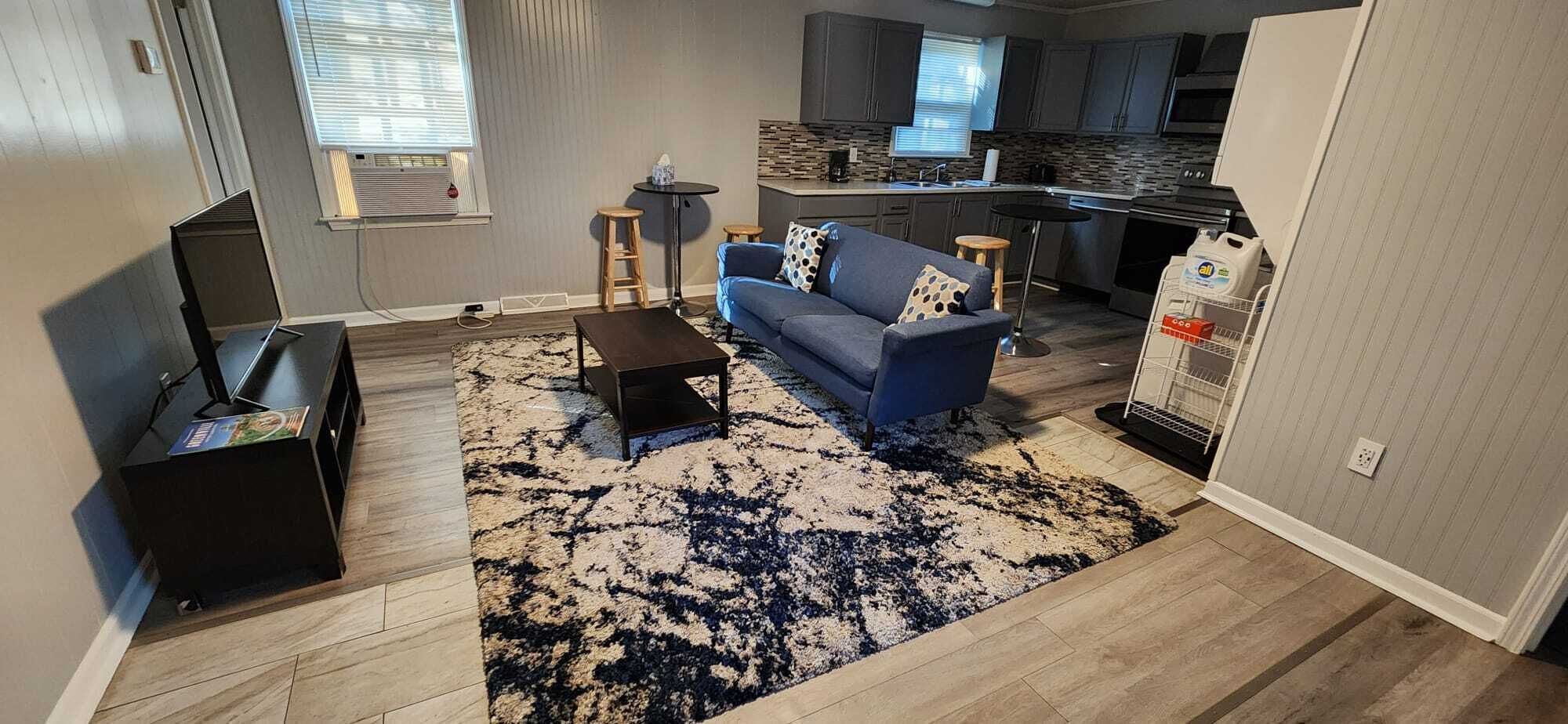 A modern living room with a grey sofa, coffee table, and patterned rug. A kitchen with dark cabinets and a countertop is visible in the background.