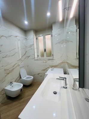 Shower, bidet, towels, soap