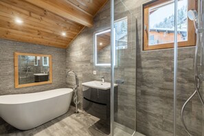 Shower, hair dryer, soap, shampoo