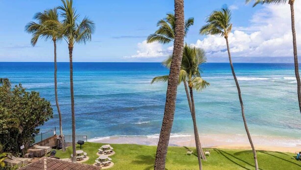 A beach view with palm trees, a grassy area with outdoor seating, and a clear blue ocean. - Oceanfront spacious 2 bedroom condo, updated, private beach, walkable area (Napili-Honokowai)
