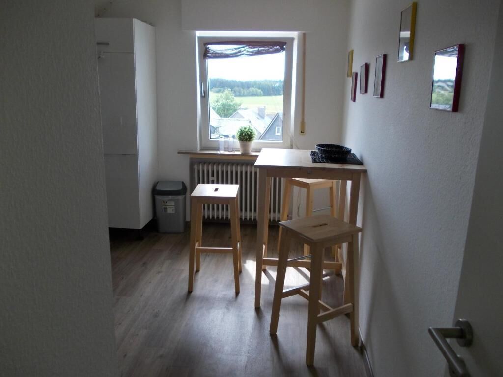 Eine kleine Küche mit Fenster, Holzsesseln, Heizkörper und Mülleimer.